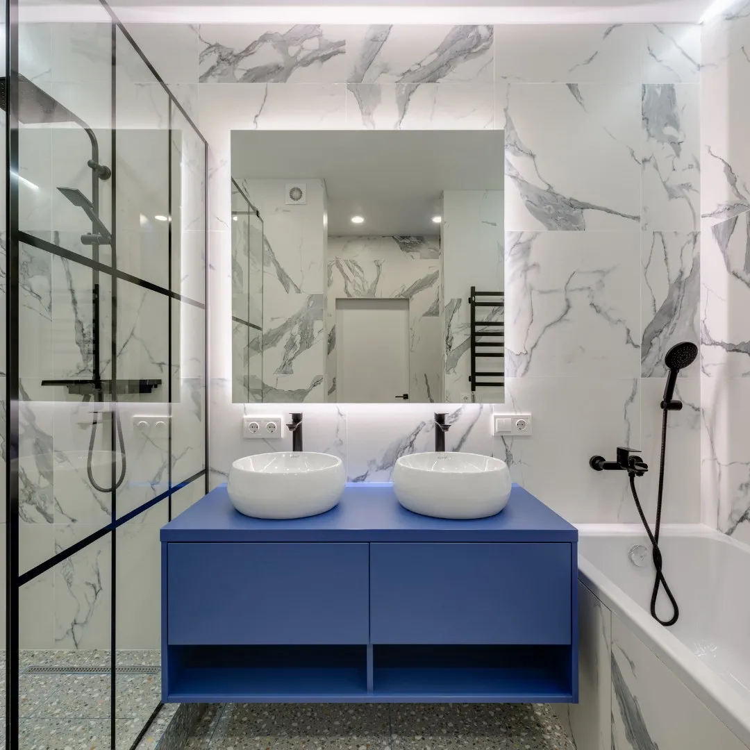 Bathroom with a glass shower and double vanity