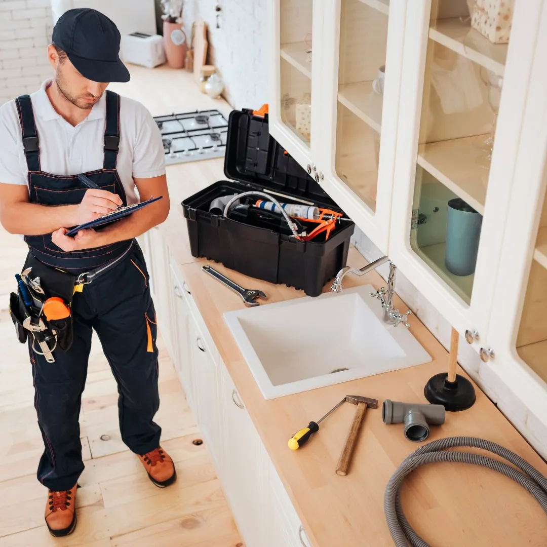 Handyman with a checklist in a kitchen