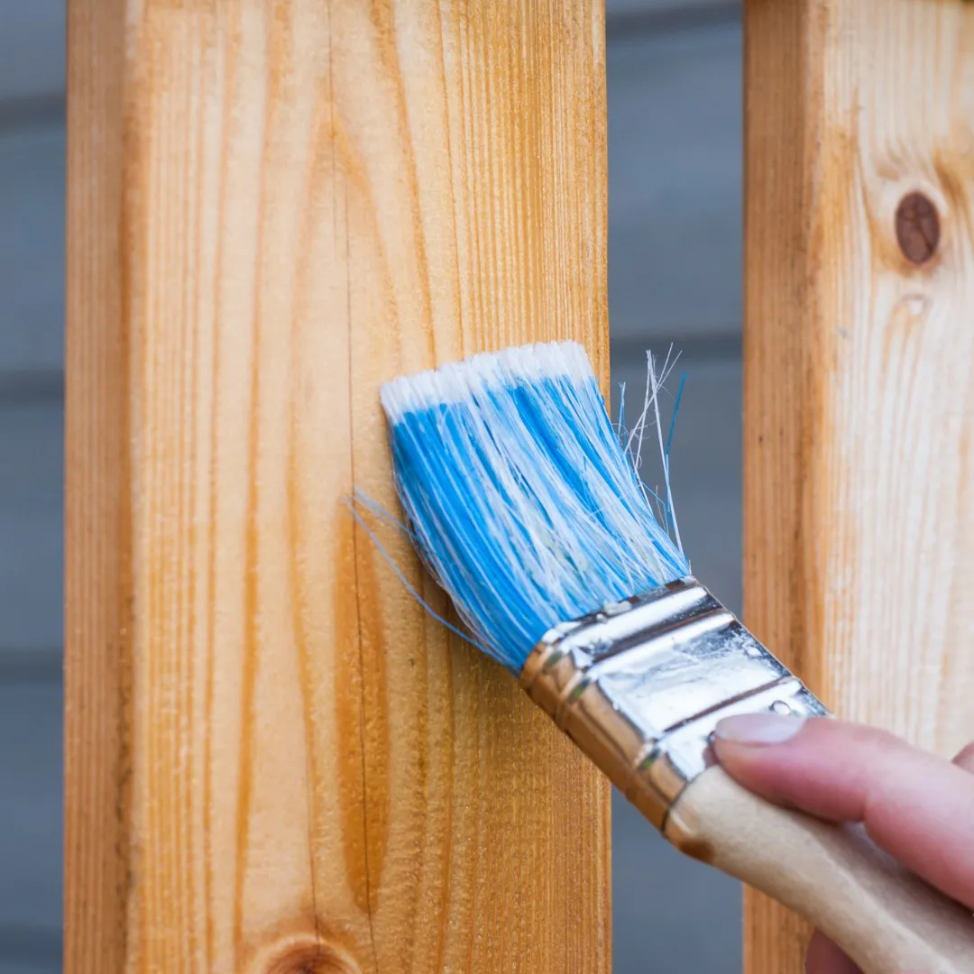 Brushing stain onto a wood fence